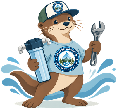 Cascade Water Co. otter mascot in a company cap and shirt, holding a water filter and a wrench