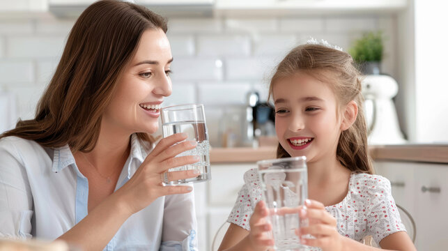 A mother and daughter smiling as they drink glasses of water in a bright kitchen