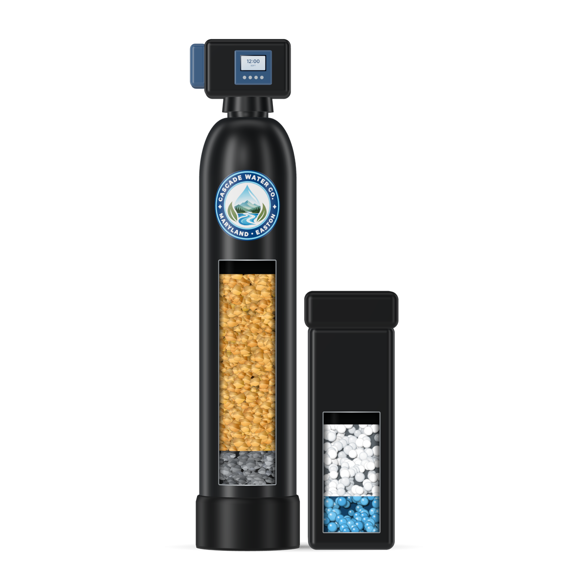 Cut-away view of a water softeners system showing the media inside