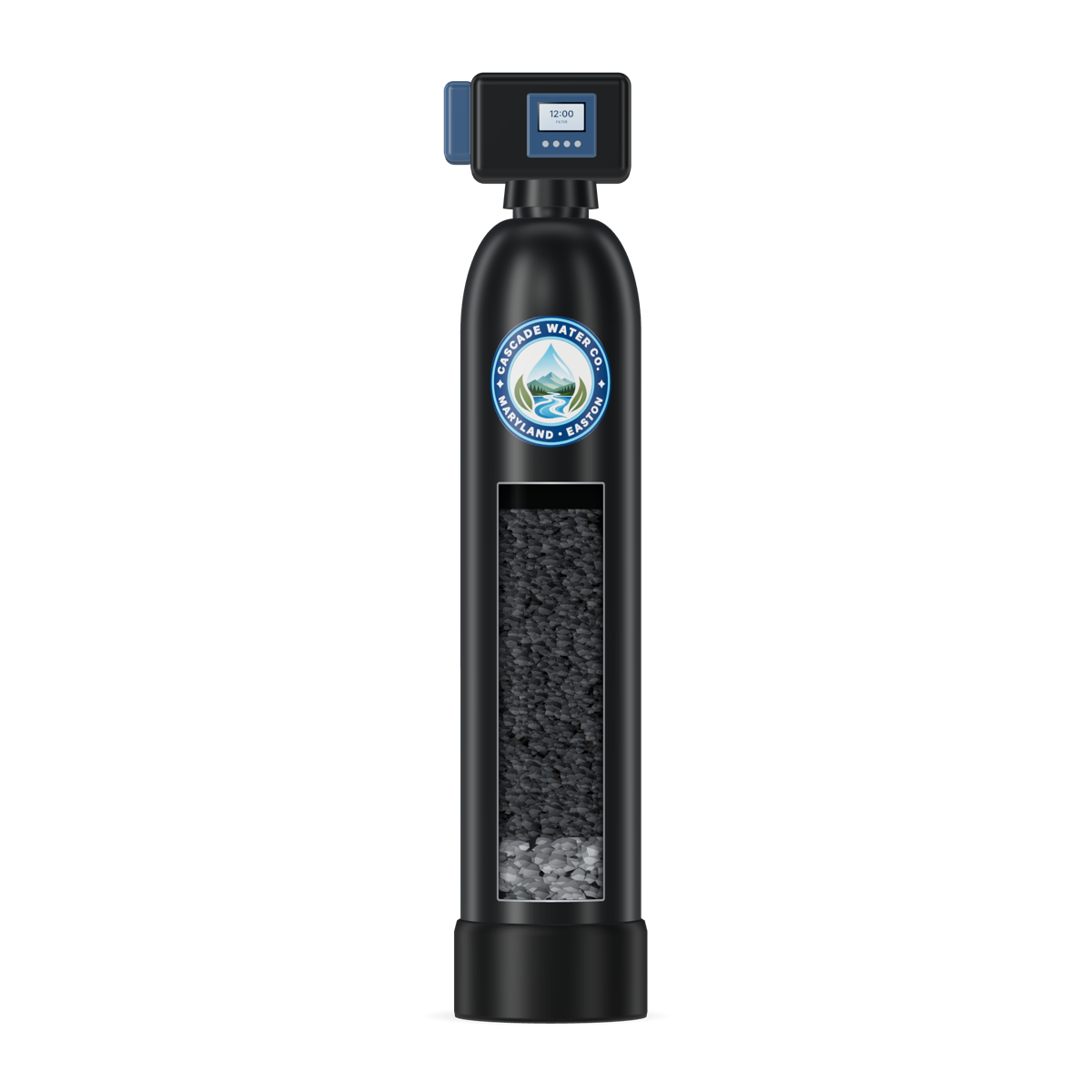 Cut-away view of a whole-home filtration system showing the media inside